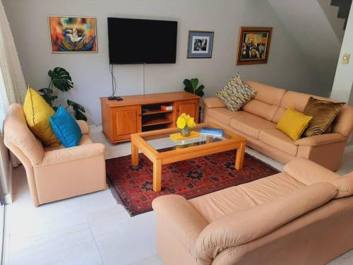 a living room with couches and a flat screen tv at Fynbosrus on Grotto in Hermanus