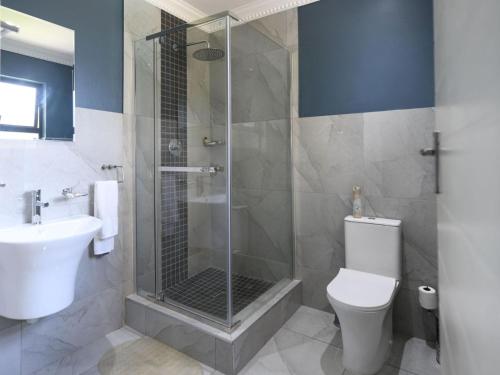 a bathroom with a shower and a toilet and a sink at Blue Sands Guest House in Pietermaritzburg