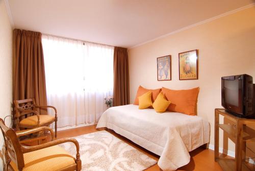 um quarto de hotel com uma cama e uma televisão em Vegas Apartamentos em Santiago