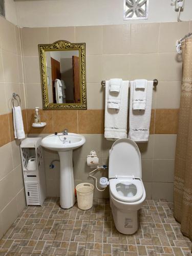 ein Badezimmer mit einem WC, einem Waschbecken und einem Spiegel in der Unterkunft Palanca Lodging Home in Candelaria