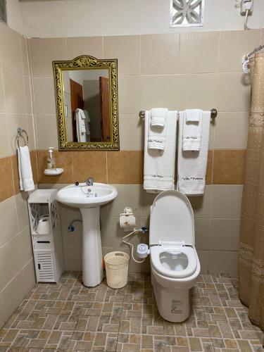 a bathroom with a toilet and a sink and a mirror at Palanca Lodging Home in Candelaria