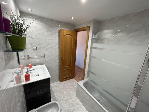 a bathroom with a shower and a sink and a tub at El Torreón del Pilar. Opción de parking in Zaragoza