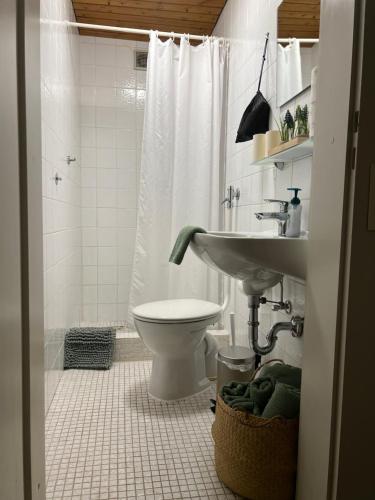 Baño blanco con aseo y lavamanos en Ferienwohnung auf dem Betzenberg, en Kaiserslautern