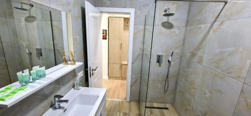 uma casa de banho com um lavatório e um chuveiro em Arkle Apartment 5 em Tirana