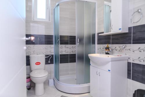 a bathroom with a shower and a toilet and a sink at Apartman MASTER in Soko Banja