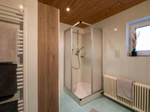 a shower with a glass door in a bathroom at Haus Gletscherblick in Westendorf