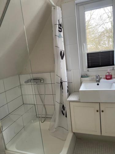 a bathroom with a shower and a sink at Hamburger Villenviertel, ganzes Haus mit 5 Einbettzimmern,1 Esszimmer in Hamburg