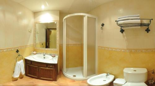a bathroom with a shower and a sink and a toilet at Hostal/Restaurante Fuentevieja in Illana