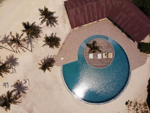 an overhead view of a swimming pool with palm trees at Hondaafushi Island Resort in Vaikaradhoo