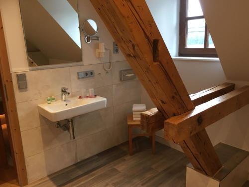 a bathroom with a sink and a mirror at Landgasthof Haueis in Marktleugast
