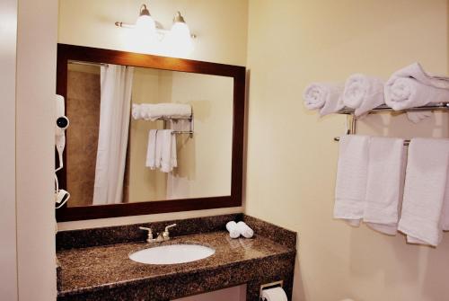 a bathroom with a sink and a mirror and towels at Westwood Inn & Suites in Gonzales