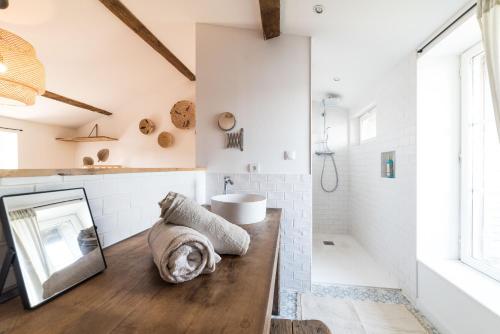 ein Bad mit einem Waschbecken und einem Spiegel in der Unterkunft Gîtes Les Pittoresques in Saint-Jean-Saint-Maurice-sur-Loire
