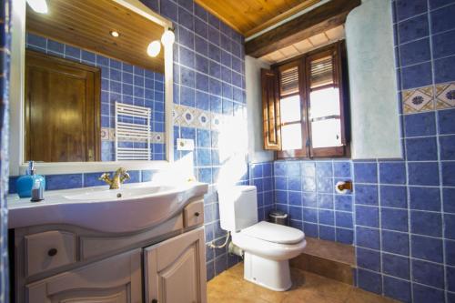 uma casa de banho em azulejos azuis com um WC e um lavatório em Catalunya Casas Sublime seclusion in Catalonia wine Region! em Juncosa
