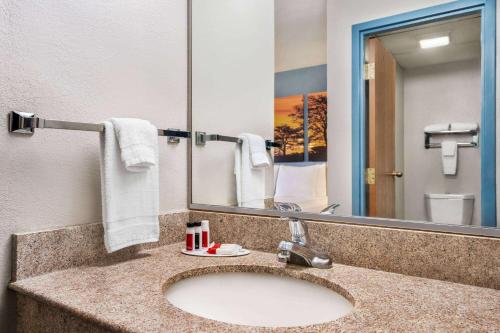 a bathroom with a sink and a mirror at Days Inn by Wyndham Canastota Verona in Canastota