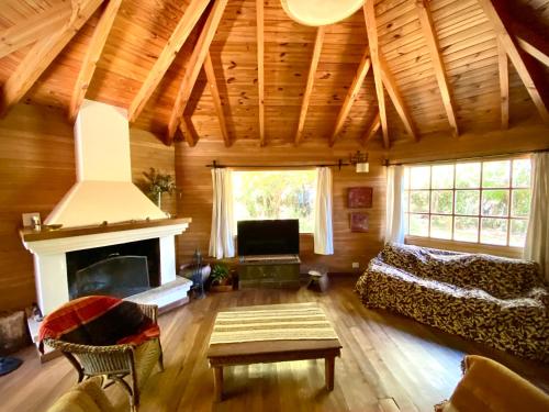 sala de estar con sofá y chimenea en Casa Saurel en La Cascada en San Martín de los Andes