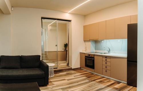 een woonkamer met een bank en een keuken bij BLACKHAUS FAMILY AND FRIENDS DELUXE APARTMENT in Thessaloniki