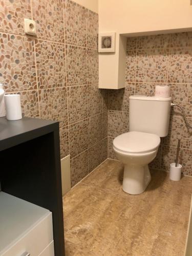 a bathroom with a white toilet in a room at Ubytování Zátiší Olomouc in Olomouc