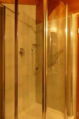 La salle de bains est pourvue d'une douche avec une porte en verre. dans l'établissement Haus Alpenstern, à Grainau