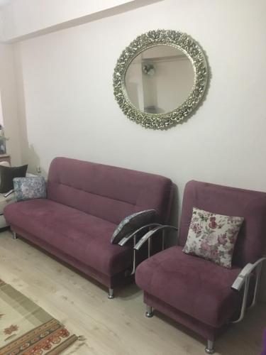 kanapę i krzesło w salonie z lustrem w obiekcie Termal house w mieście Termal