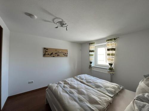 a bedroom with a bed and a ceiling fan at Ferienwohnung Haus Brenner in Seeg