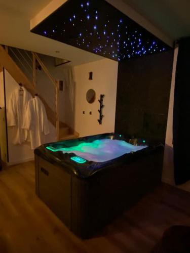 um quarto com jacuzzi com estrelas no tecto em Le privilège spa em Langeais