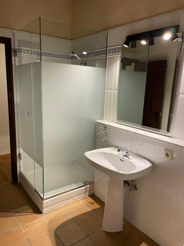 a bathroom with a sink and a glass shower at Mas Sabaters - L'Era de Sabaters in Tavernoles