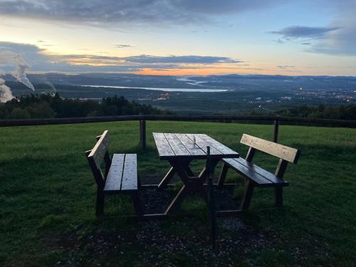 a picnic table and two benches sitting on a field at Tilia apartments Březová in Březová