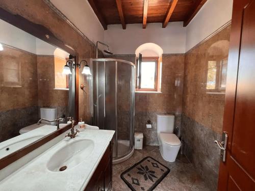 La salle de bains est pourvue d'un lavabo, d'une douche et de toilettes. dans l'établissement Πέτρινο Εξοχικό Σπίτι στη Σύρο, à Firókambos