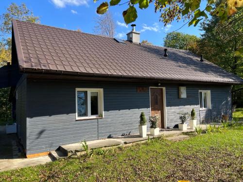 a blue house with a brown roof at Siedlisko Wyżne in Wyżne