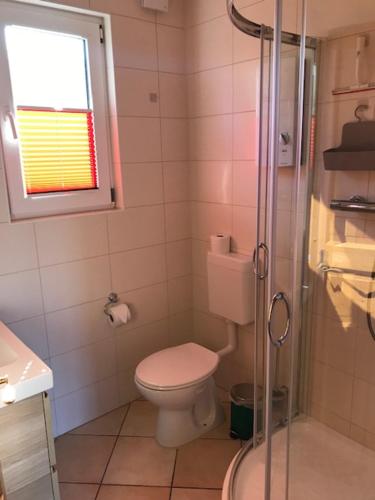 ein kleines Bad mit einem WC und einer Dusche in der Unterkunft Feriendorf Boeker Mühle in Boek