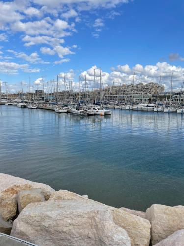 a group of boats docked in a harbor at View of the Mediterranean Sea in Ashkelon