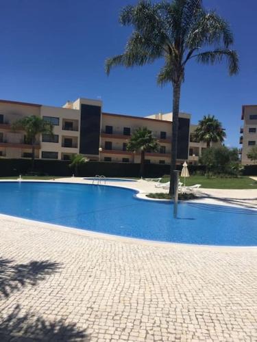 a palm tree in front of a building with a swimming pool at 3 Bedroom apartment with pool in Lagos in Lagos