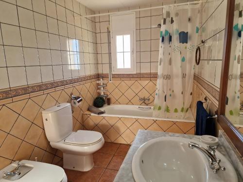 a bathroom with a toilet and a sink and a tub at Riumar 'Eva', 300m to beach, private pool, On-Site-Service, dog beach in Riumar