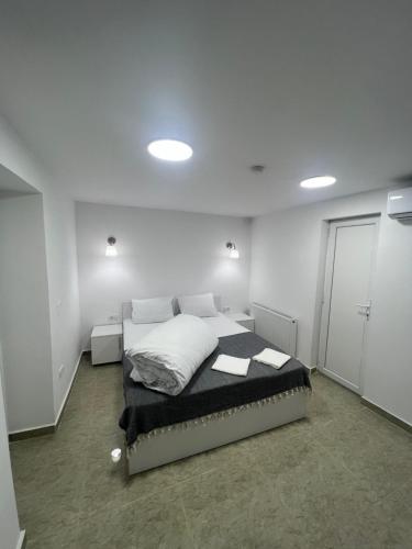 a bedroom with a bed in a white room at Hostel Casa Popa Nan in Bucharest