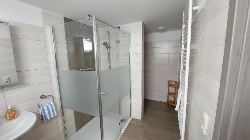 uma casa de banho com uma cabina de duche em vidro e um lavatório. em Ferienhaus Nordstrand Whg 1 em Baltrum
