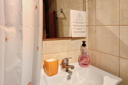 a bathroom sink with a bottle of soap on it at The Perfect Cottage in São Vicente