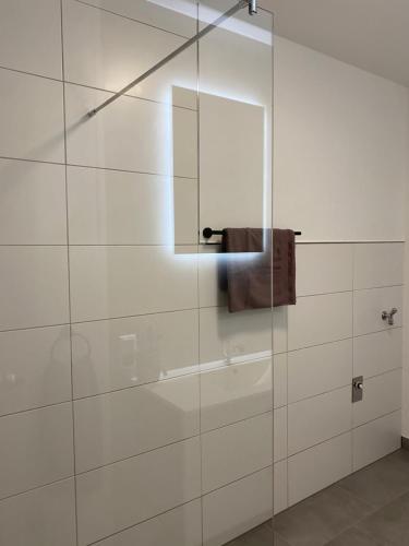 eine Glasdusche mit Spiegel und Handtuch in der Unterkunft ByBesa in Winterberg