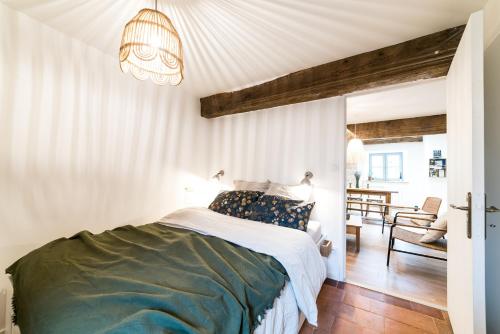 a bedroom with a bed and a living room at Gîtes Les Pittoresques in Saint-Jean-Saint-Maurice-sur-Loire