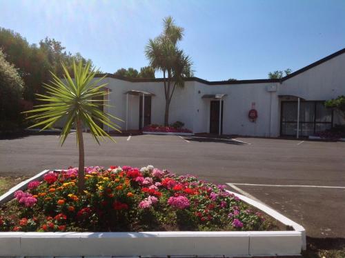 a building with a lot of flowers in a parking lot at Cascades Motor Lodge in Auckland