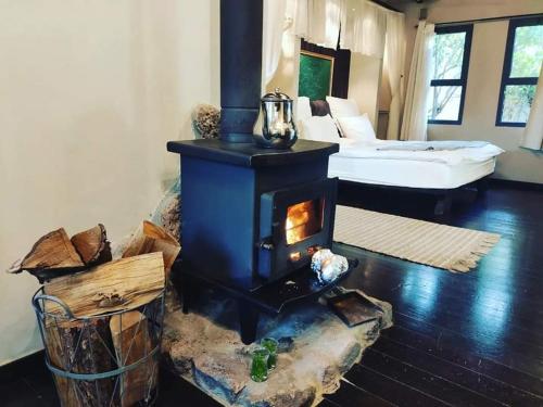 a fireplace in a room with a bedroom and a bed at Vanilla Grey in Had Nes
