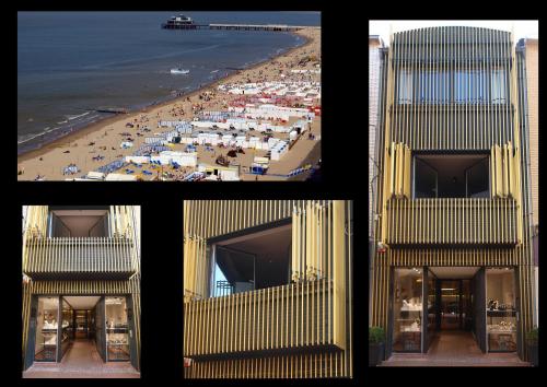 a group of four pictures of a building and a beach at Private House in Blankenberge