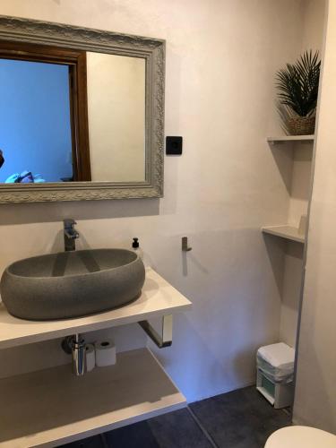 ein Bad mit einem Waschbecken und einem Spiegel in der Unterkunft Leyendas Del Pirineo in Fiscal
