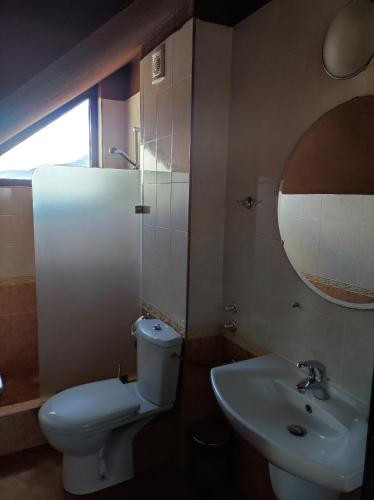 a bathroom with a toilet and a sink and a mirror at Hotel FAMIL - adults only in Bansko