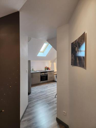 an empty living room with a kitchen and a skylight at Appartement calme Le clos de Renée in Hautvillers