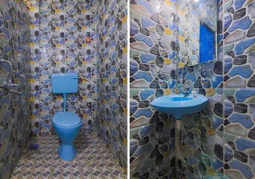two pictures of a bathroom with a toilet and a sink at Ocean Way Guest House in Baga