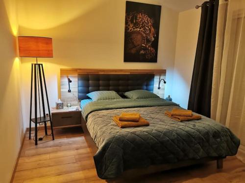 1 dormitorio con 1 cama con 2 almohadas de color naranja en Angoulême Nord location Chambre indépendante en Champniers