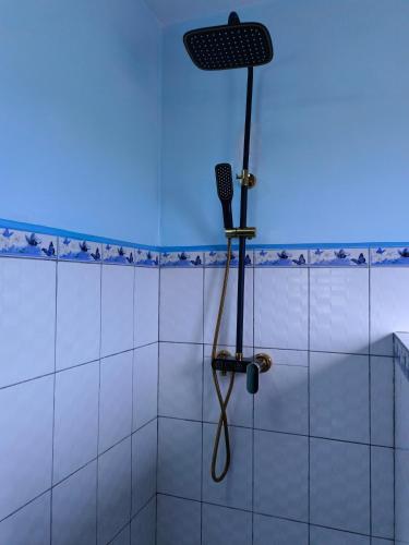 a shower in a white tiled bathroom with a blow dryer at Antsirabe Hotel in Antsirabe