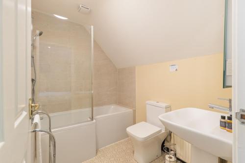 a bathroom with a toilet and a sink and a shower at Hotel Plas Hyfryd in Narberth