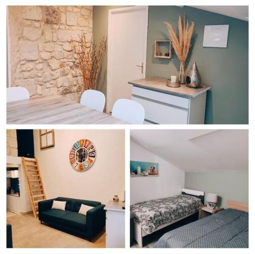 three pictures of a room with a bed and a table at Maison chaleureuse située à Saumur in Saumur