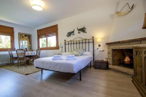 ein Schlafzimmer mit einem großen Bett und einem Kamin in der Unterkunft Catalunya Casas Mountain Escape with stunning views 40 km to Barna! in San Felíu del Racó